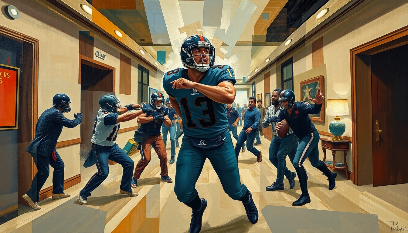 A cubist-style painting depicting a violent confrontation in a hotel lobby, with sharp, overlapping geometric shapes representing the chaotic nature of the attack on the NFL player.
