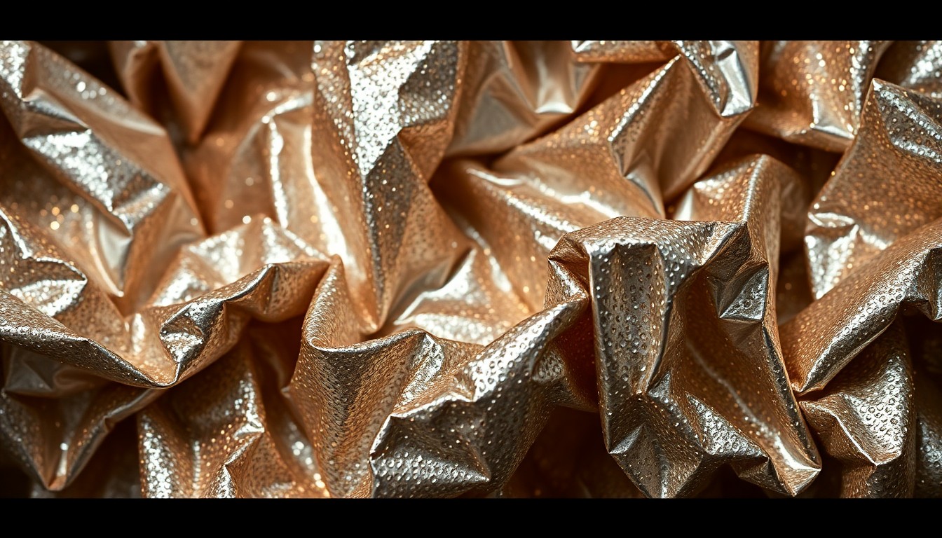 An extreme close-up photograph of heavily textured, crumpled metallic fabric in shimmering silver and gold hues, conveying the glamour and unpredictability of reality television.