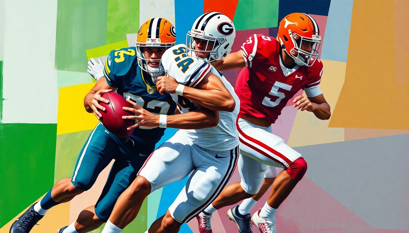 A cubist, geometric painting depicting the fractured movements of a college football defensive back, with sharp planes of green, red, blue, and white representing the team colors of the schools involved in Ai'King Hall's recruitment.