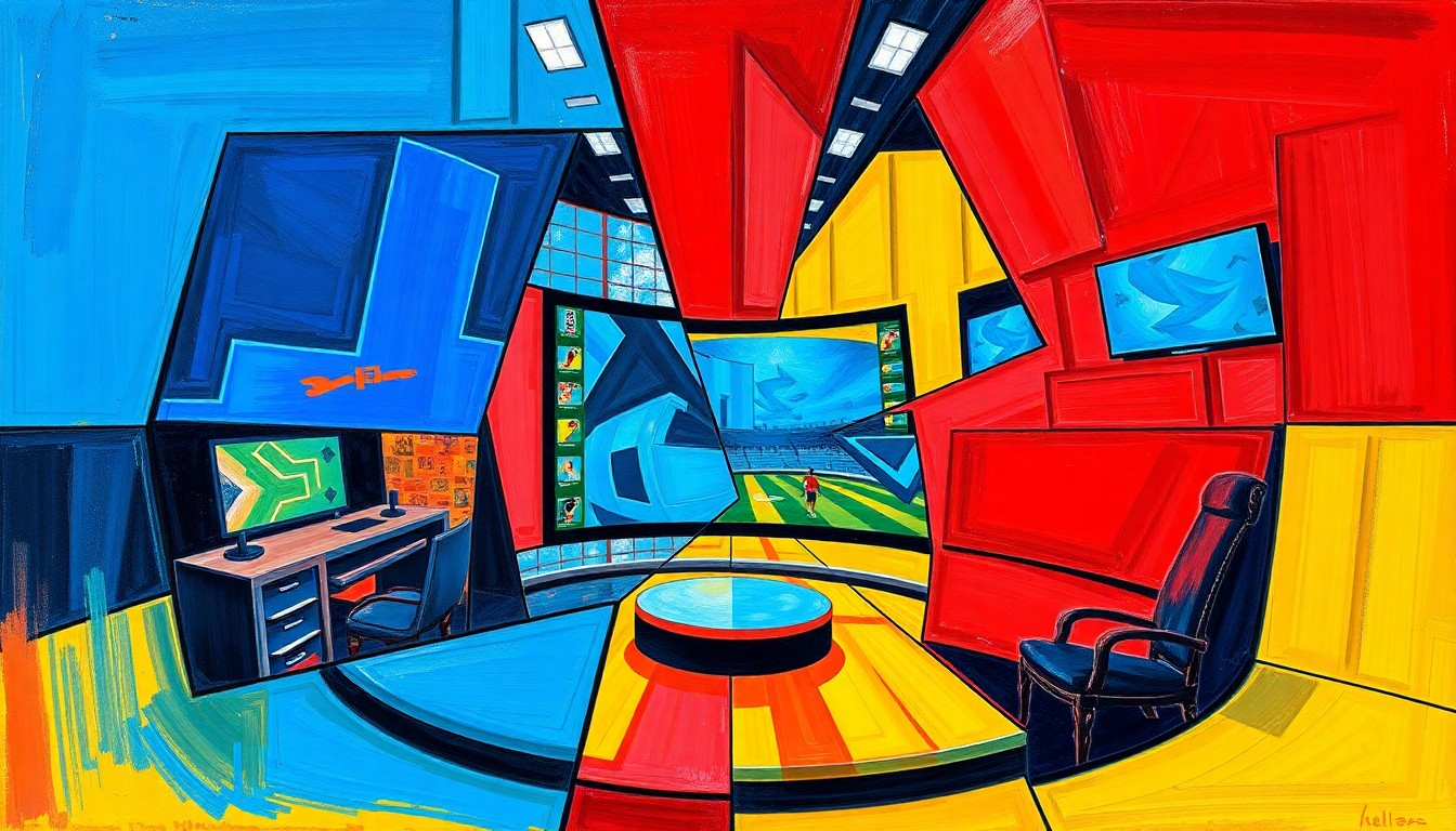 A cubist-style painting depicting a fragmented and overlapping view of a sports broadcast studio or event, with sharp geometric shapes in vibrant colors like blue, red, and yellow, capturing the dynamic and evolving nature of the local sports media industry.