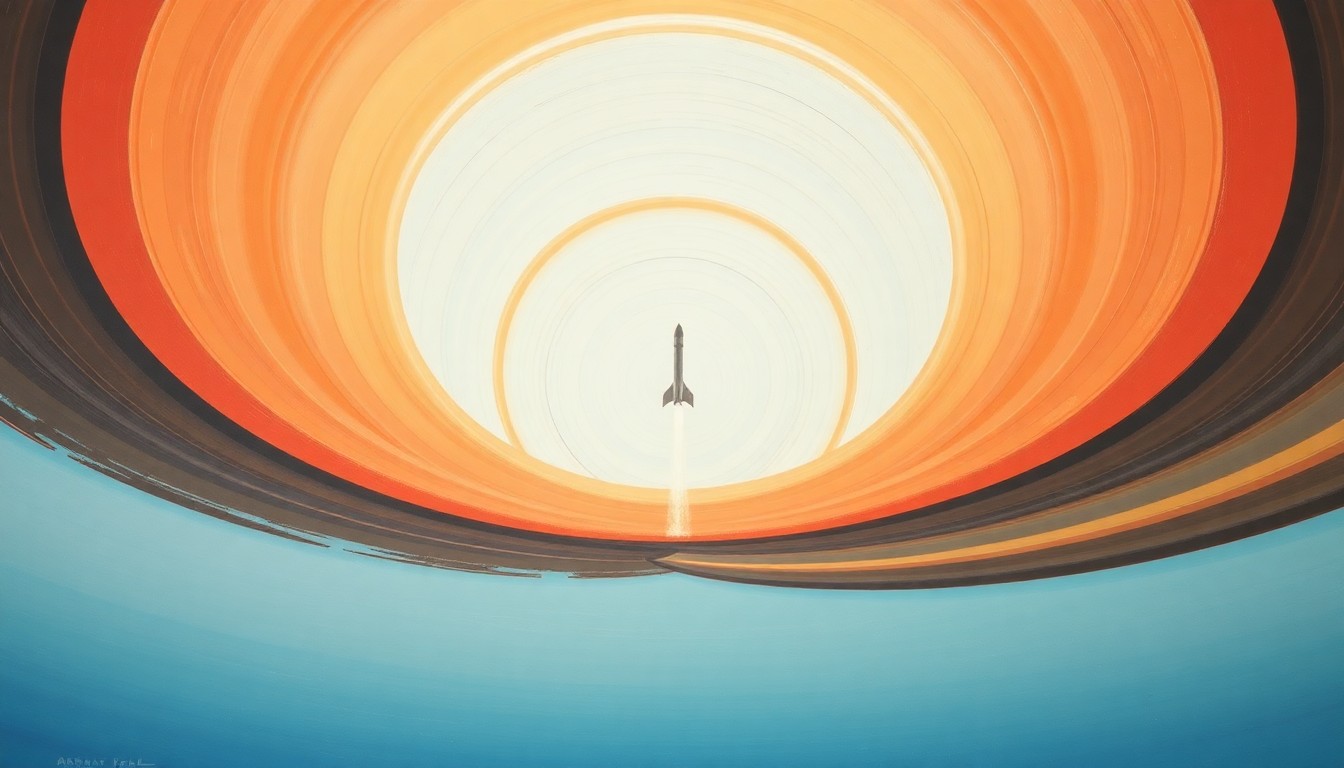 A bold, abstract painting in soft blues, greens, and grays depicting sweeping geometric arcs, concentric circles, and precise spirals, conceptually representing the complex scientific forces and orbital trajectories involved in SpaceX's Falcon 9 rocket landings in The Bahamas.