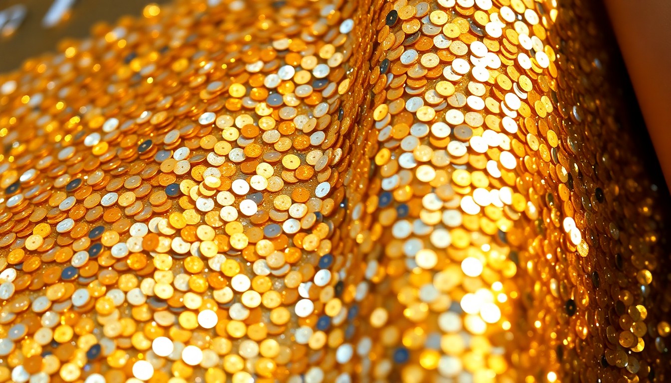 An extreme close-up photograph of glittering, high-contrast sequins in shades of gold and silver, capturing the glamour and energy of a music festival performance.