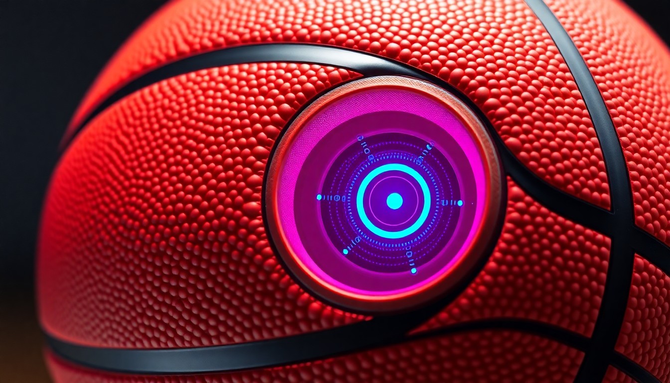 A close-up, highly detailed illustration of a basketball with a glowing, neon-lit sensor embedded in its air valve, symbolizing the advanced technology that powers SportIQ's revolutionary sports analytics platform.