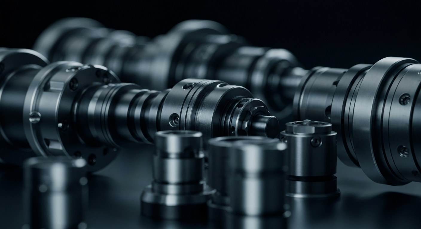 An extreme close-up of precision medical device components and machinery, dramatically lit against a dark background, conceptually representing the technological innovation and manufacturing prowess of a leading global medical device company.