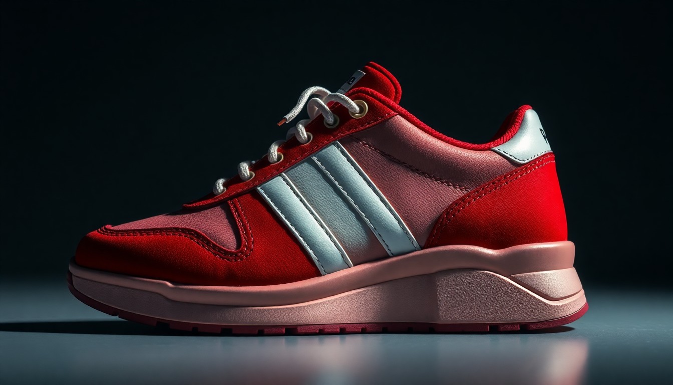 An extreme close-up photograph of a red and white Prada sneaker, capturing the luxurious leather texture and materials in dramatic studio lighting.