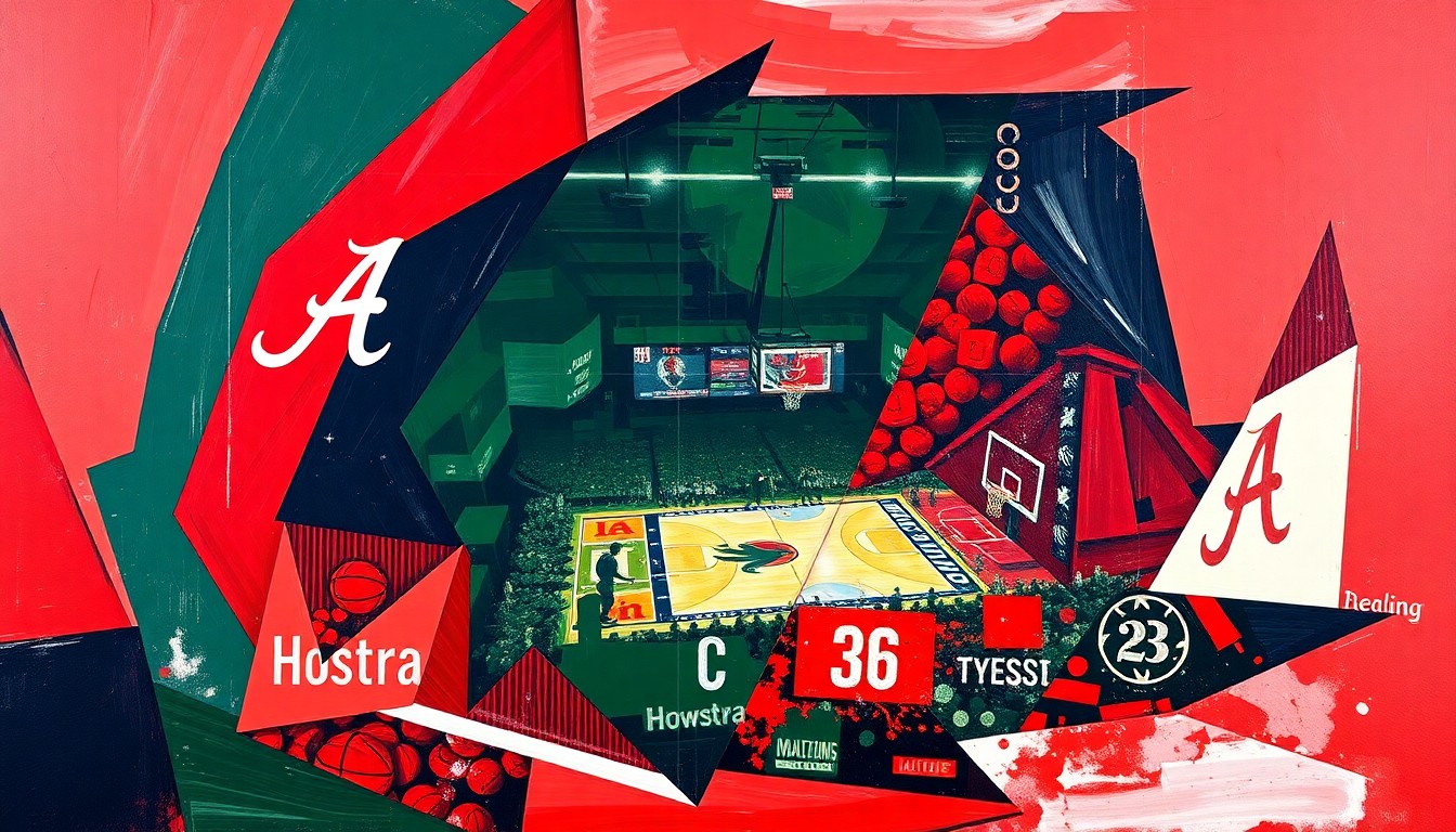 A cubist-style painting depicting a basketball game, with the players and court broken down into sharp, overlapping geometric shapes in vibrant colors, capturing the energy and intensity of the March Madness matchup.