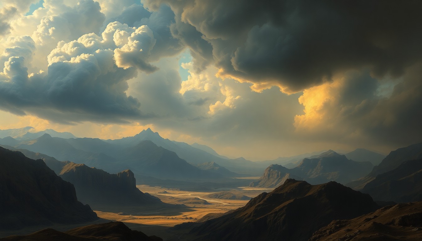 A sweeping, atmospheric landscape painting in muted tones of grey, blue, and green, depicting the overwhelming power of a natural disaster as it dwarfs the physical structures below.