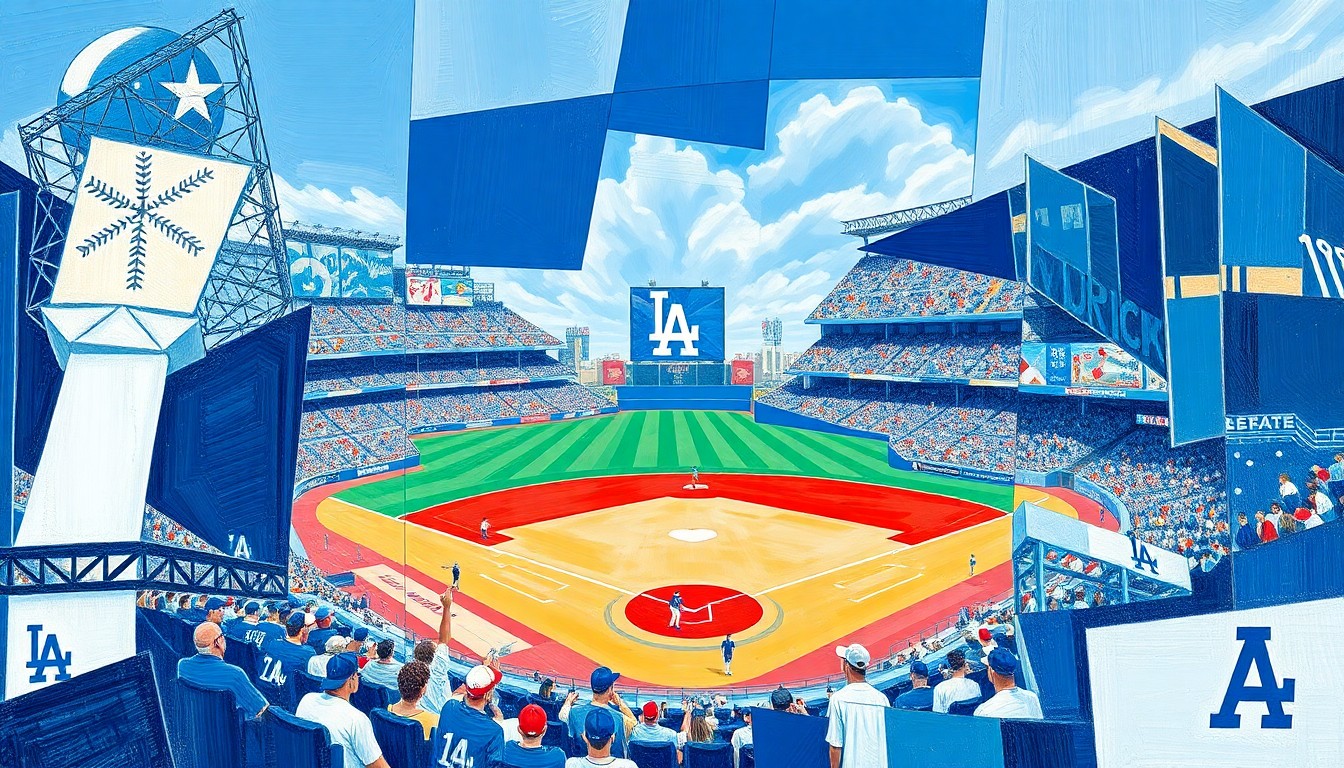 A cubist-style painting depicting a baseball game or match, with the players and field broken down into sharp, overlapping geometric shapes in shades of Dodgers blue, white, and red, capturing the dynamic energy and potential of the team's rising prospects.