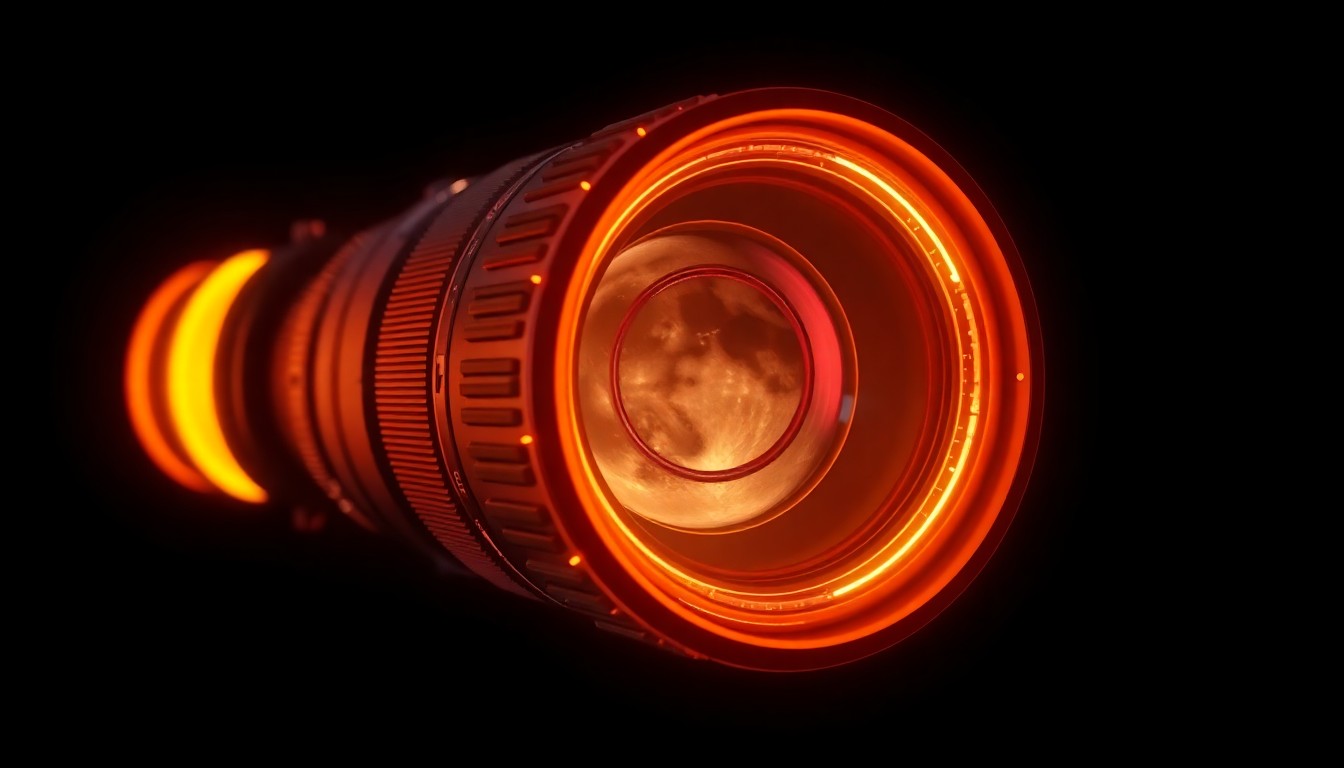 A highly detailed, glowing 3D macro illustration of a futuristic, illuminated camera lens floating in a dark, neon-lit space, conceptually representing the advanced technology and unique perspectives enabling amateur photographers to capture stunning moon shots.