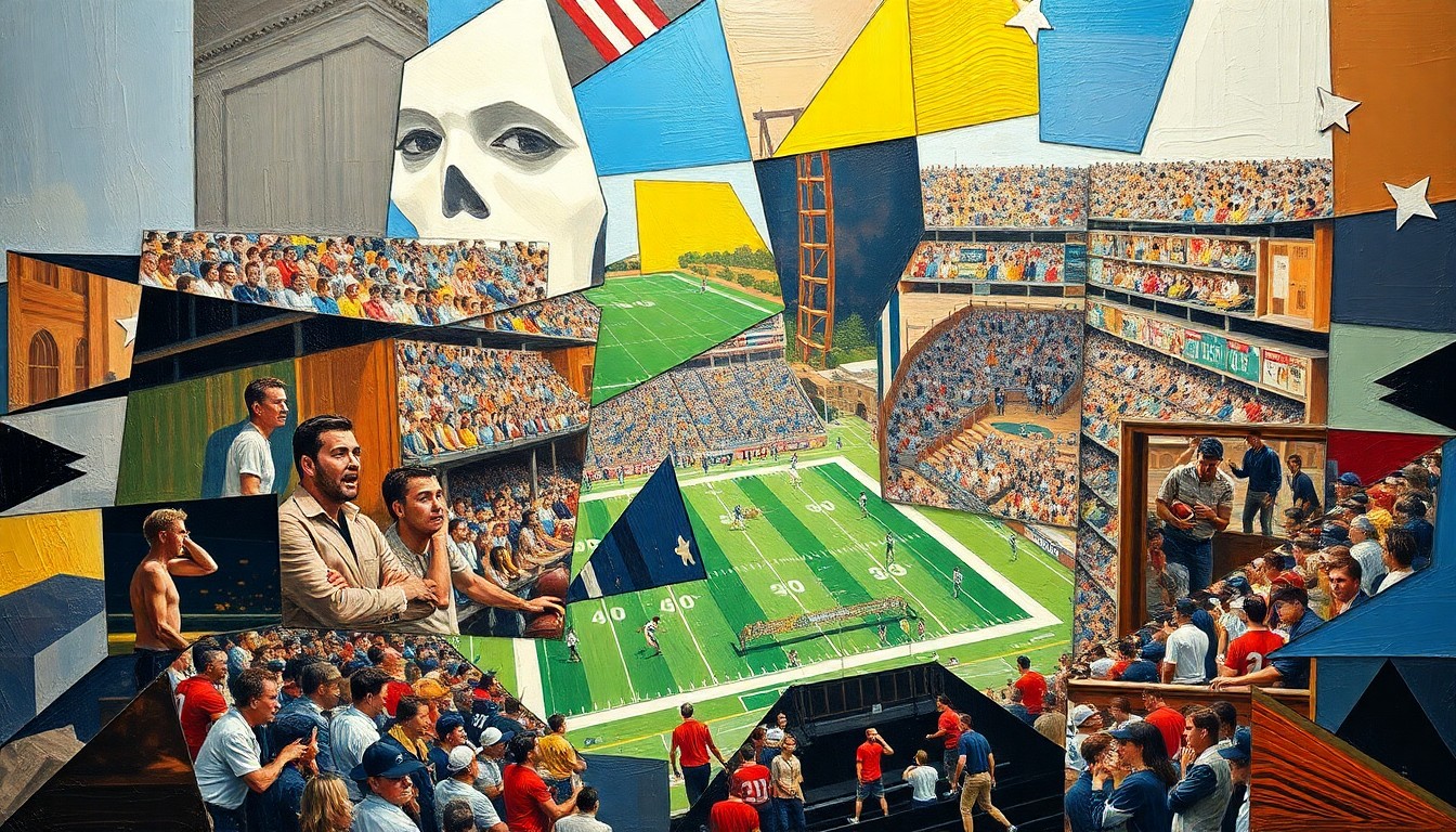 A cubist-style painting depicting a college football game broken down into overlapping geometric shapes and planes, conveying the conceptual idea of a more inclusive and competitive playoff system.