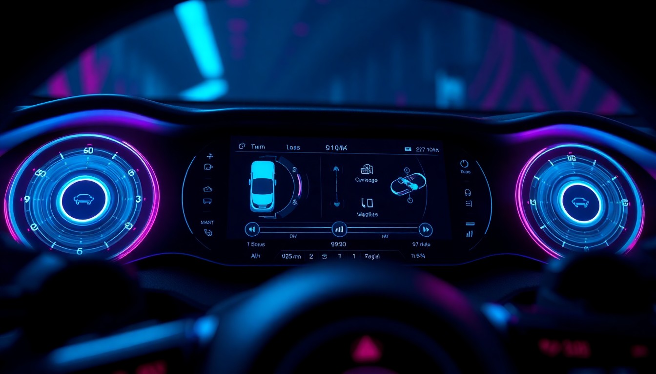 A highly detailed, glowing 3D macro illustration of a futuristic Android Auto interface, with neon cyan and magenta lights illuminating the digital controls and displays, conceptually representing the advanced technology and connectivity of the platform.