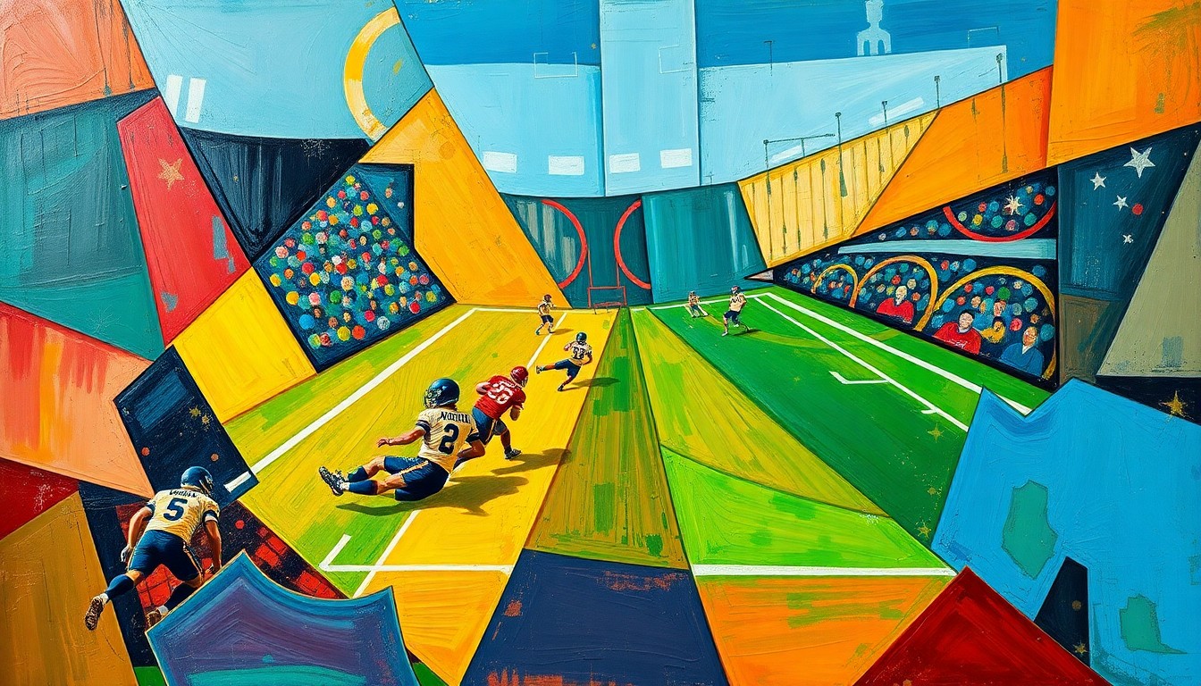A cubist, geometric painting depicting a football play with overlapping, fragmented shapes and planes in a vibrant color palette, conceptually representing the chaotic and unpredictable nature of the sport.
