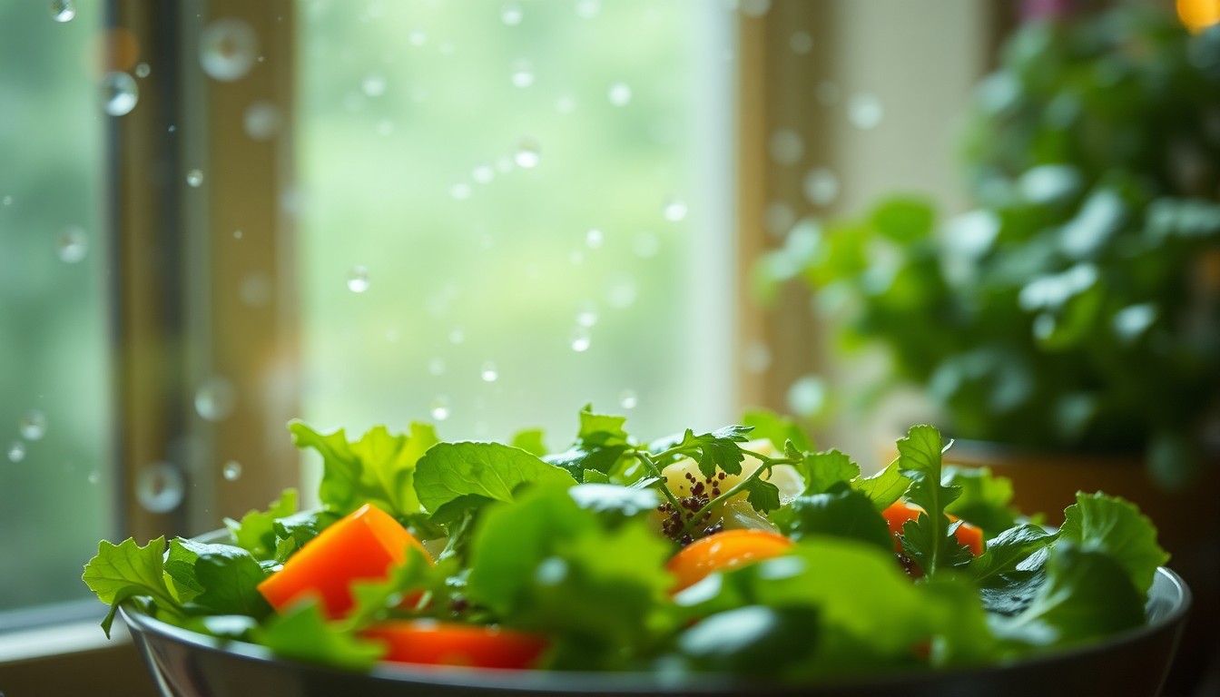 An abstract, out-of-focus photograph featuring a blurred, vibrant green salad with fresh vegetables and herbs, conveying a sense of warmth, comfort, and the joy of healthy eating.