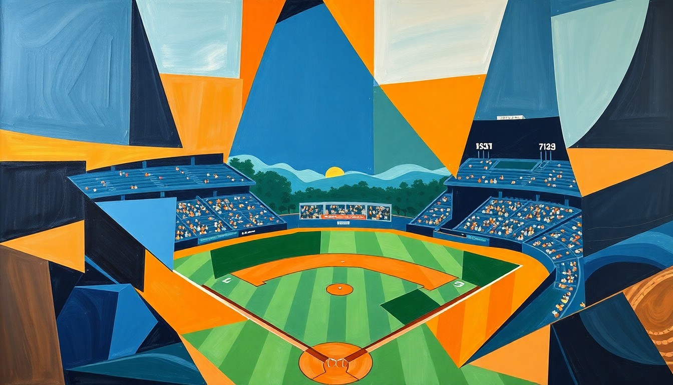 A cubist-style painting featuring sharp, overlapping geometric shapes in navy, green, and orange hues, conceptually representing the dynamic movements and competing viewpoints of a college baseball game.