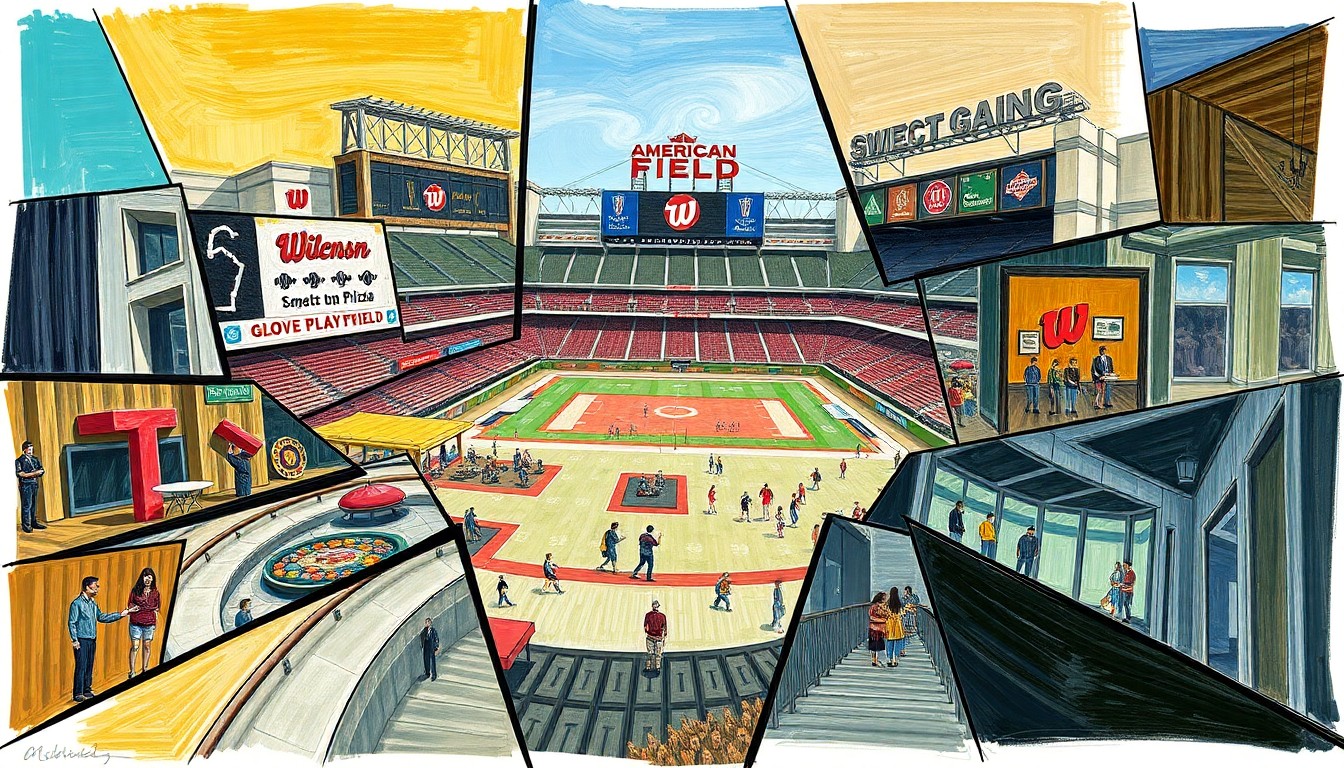 A cubist, geometric painting depicting the various new attractions at American Family Field, including the Glove Playground, the UW Credit Union Plaza, and the different activities and features within, all broken down into sharp, overlapping shapes and planes.