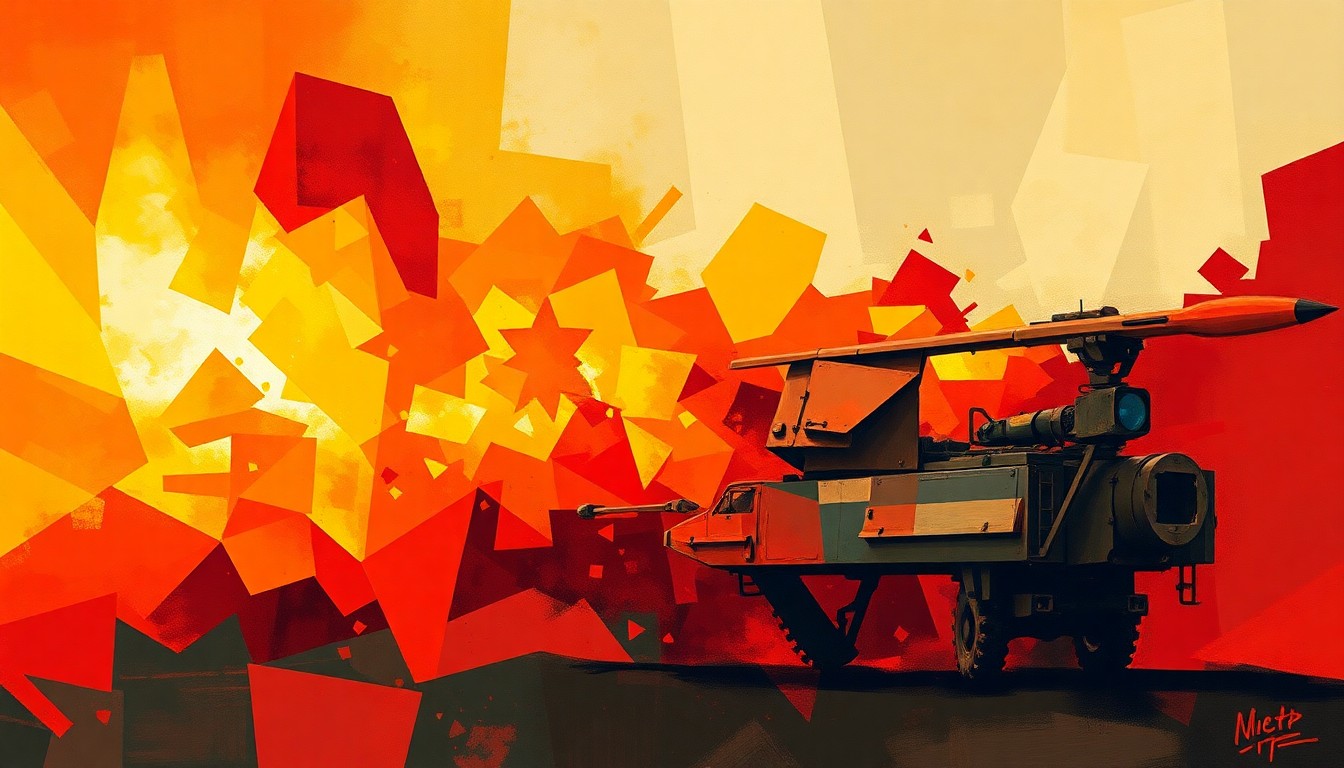 A dynamic, abstract painting of a military vehicle or missile in fractured, overlapping geometric shapes in shades of red, orange, and yellow, conveying the sense of rising tensions and the potential for violence in the region.