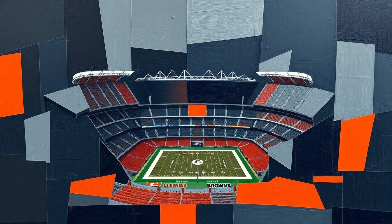 A fragmented, cubist-style illustration depicting the new Cleveland Browns stadium design, with sharp geometric planes in navy, orange, and grey hues conveying a sense of dynamic energy and immersion.