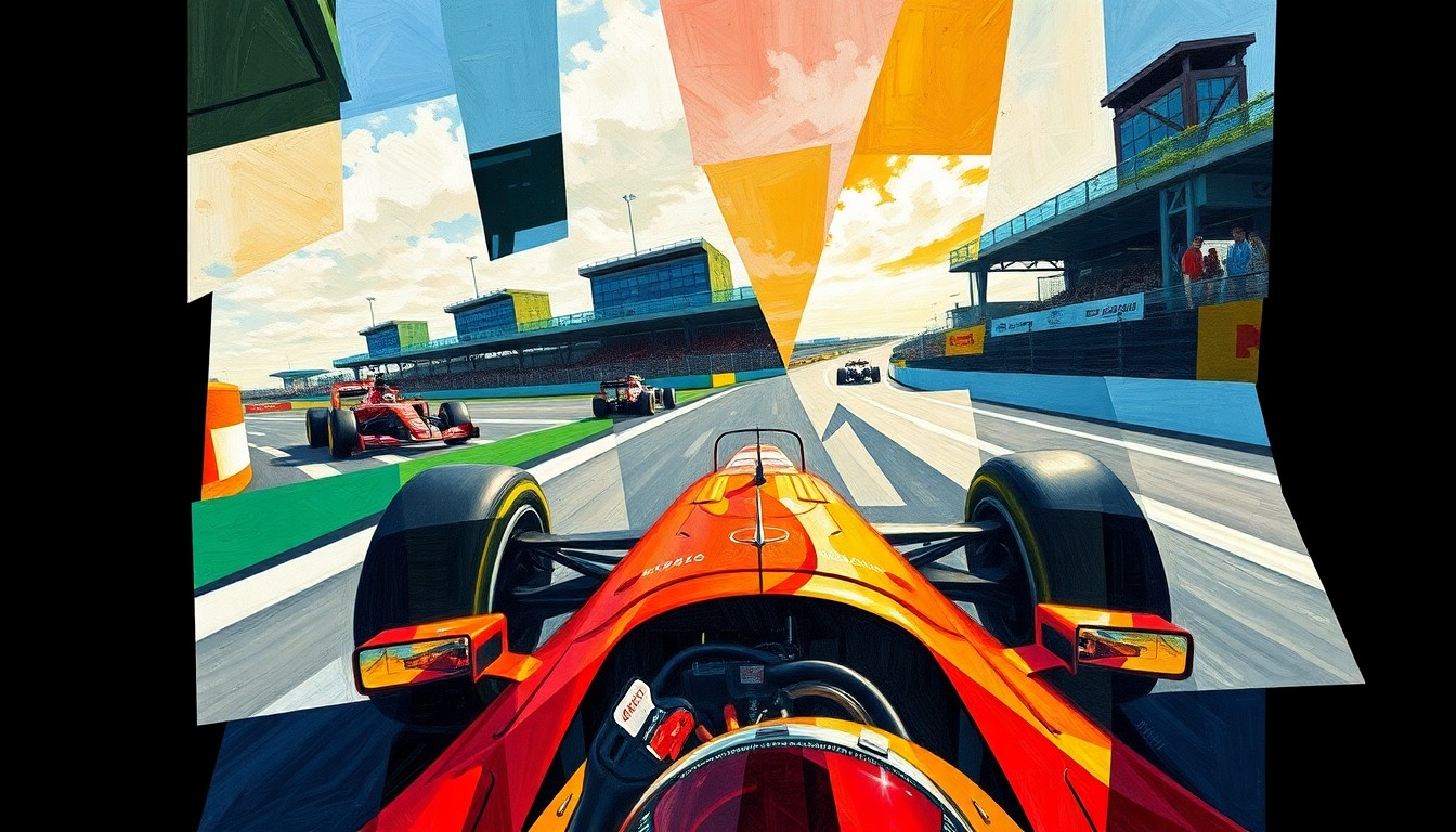 A cubist, geometric painting depicting a Formula One race, with the car and track broken down into sharp, overlapping planes of color, conveying the chaotic and unpredictable nature of the sport.