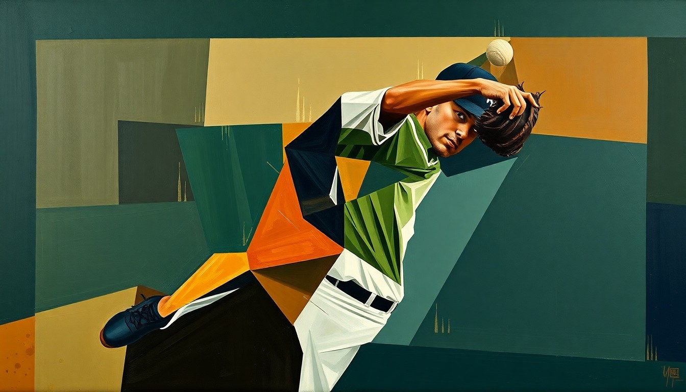 A cubist-style painting depicting a baseball pitcher's throwing motion broken down into sharp, overlapping geometric shapes in muted colors, conveying the complexity and uncertainty surrounding the Reds' pitching prospects.