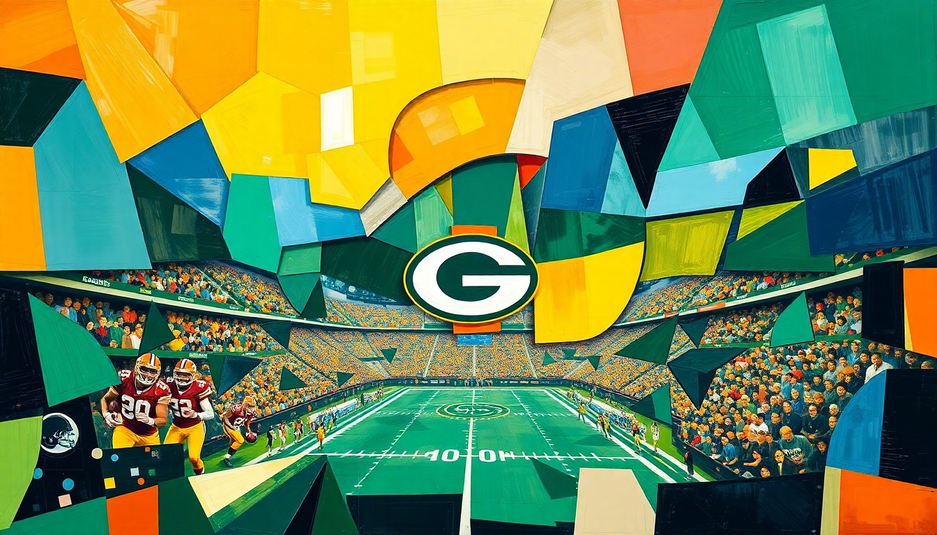 A fractured, cubist-style painting depicting a football game in progress, with the players and field broken down into sharp, overlapping geometric shapes in vibrant colors, capturing the raw energy and intensity of the sport.