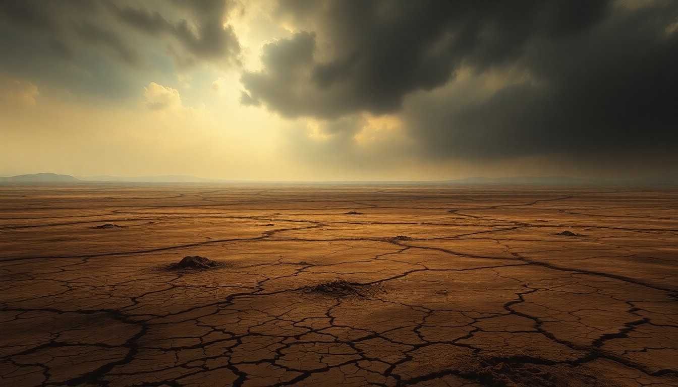 A sweeping, atmospheric landscape painting in muted tones of brown and grey, with a vast, cracked and parched earth stretching out under a hazy, oppressive sky, conveying the overwhelming scale and impact of the drought on the region.