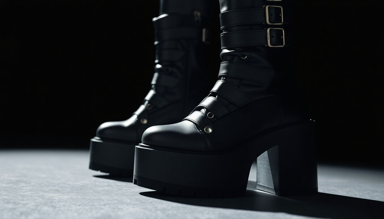 An extreme close-up of heavily textured, shiny black leather with prominent straps and buckles, captured in dramatic, high-contrast lighting to create a glamorous, high-fashion aesthetic, conceptually representing North West's striking Coachella look.