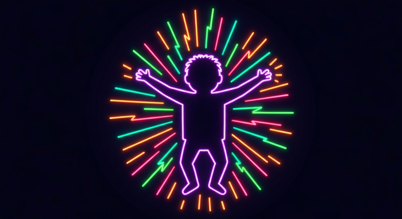 A minimalist, neon-outlined illustration depicting the silhouette of a child surrounded by glowing, pulsing lines, capturing the vibrant spirit and energy of the Pawapalooza fundraising event.