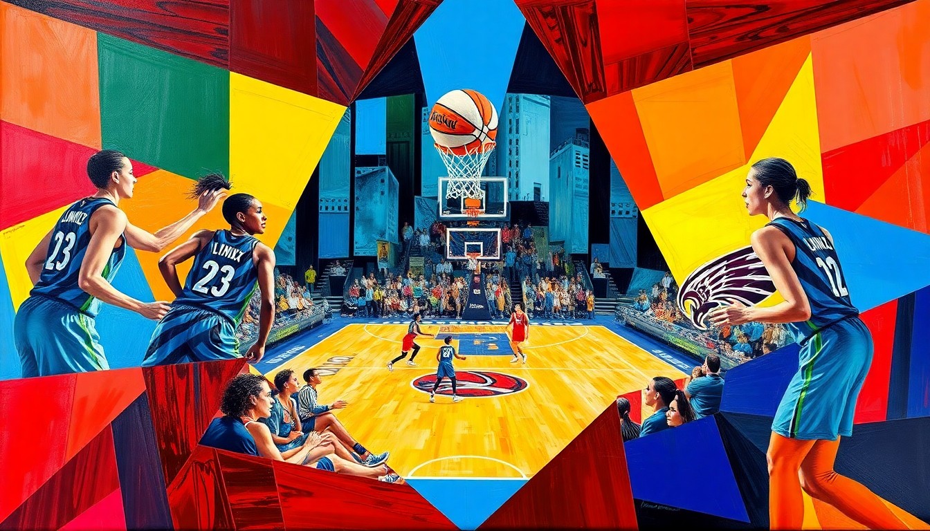 A cubist, geometric painting depicting a fragmented WNBA basketball game, with sharp planes of color representing the Minnesota Lynx and Dallas Wings uniforms, conveying the disjointed state of the Lynx's roster after key offseason losses.