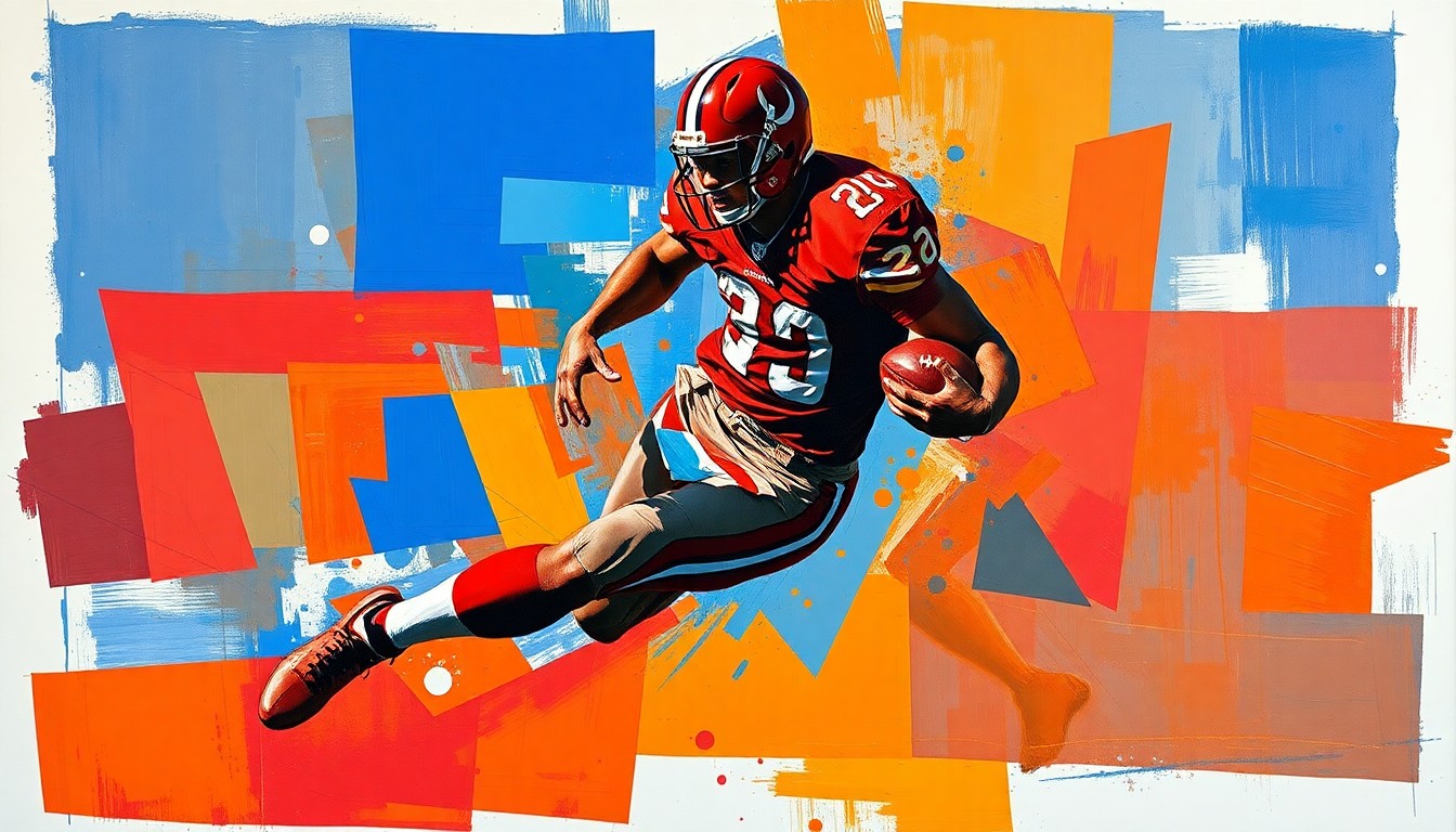 A cubist-style painting depicting a football player in motion, broken down into sharp, overlapping geometric shapes in a vibrant color palette, conceptually representing the Browns' evaluation of running back prospects.