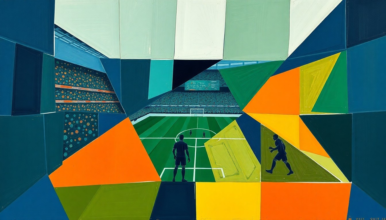 A cubist, geometric painting depicting a fragmented football field, with players and equipment broken down into sharp, overlapping shapes in shades of navy, green, and orange, conveying the chaotic aftermath of a coach's arrest.