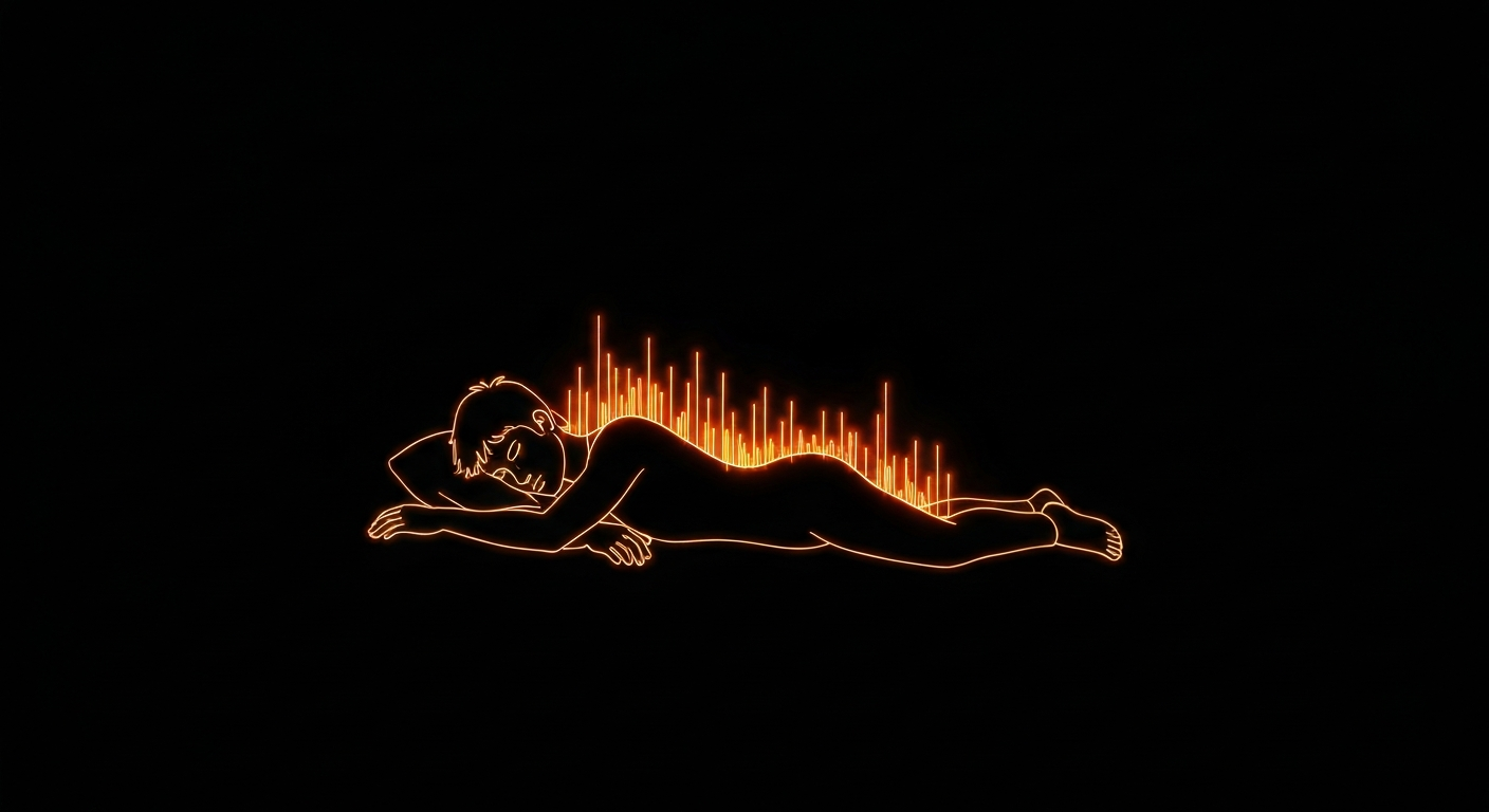 A glowing neon outline of a sleeping teenager's silhouette against a dark background, with pulsing lines of light emanating from the figure to represent the connection between sleep and overall health.