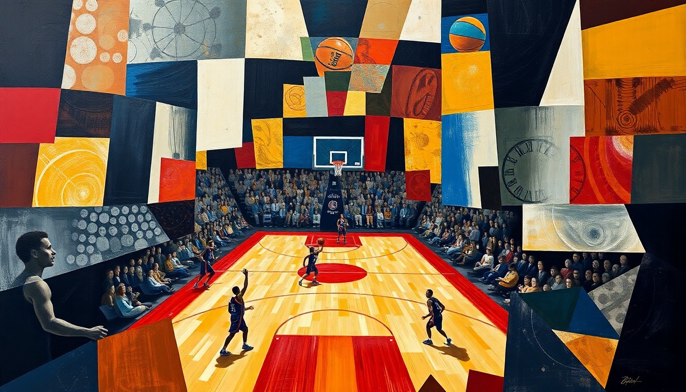A dynamic, abstract painting featuring sharp, overlapping geometric shapes and planes in vibrant colors, conceptually representing the competitive spirit and unpredictable nature of a basketball game featuring fringe NBA players.