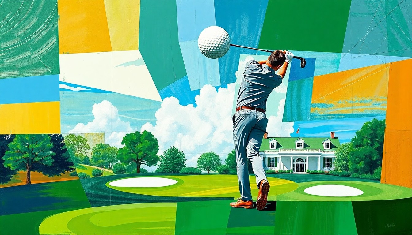 A cubist, geometric painting depicting a golfer's swing, a golf ball in flight, and the Augusta National clubhouse, all broken down into sharp, overlapping planes of emerald green, sky blue, and warm ochre.