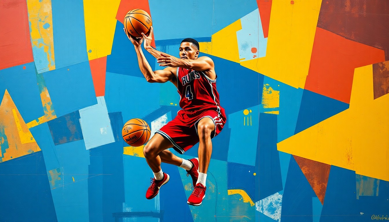A cubist-style painting depicting a basketball player in motion, with their body and movements fragmented into sharp, geometric shapes and planes in a vibrant color palette.