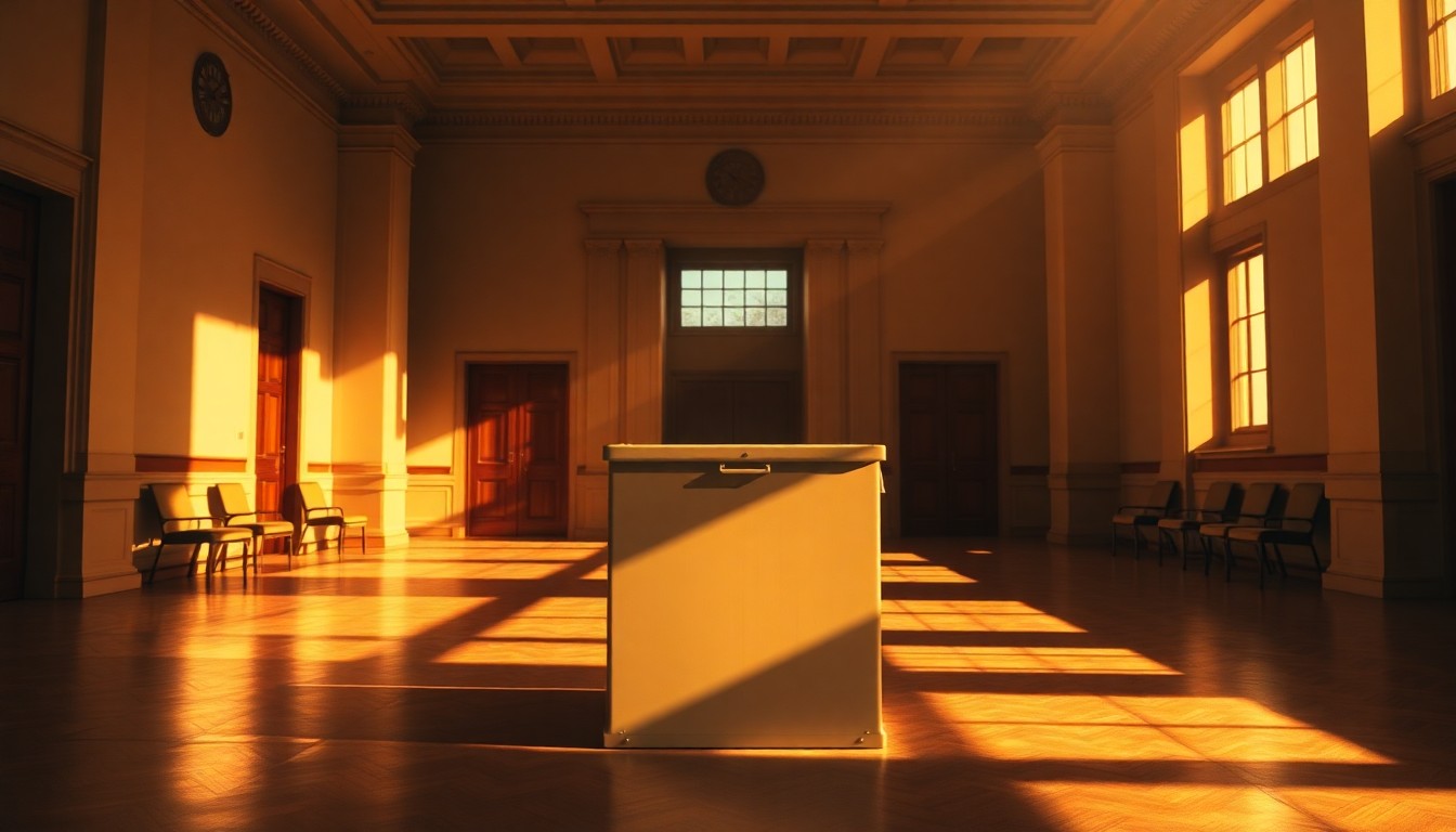 A photorealistic painting of an old, wooden ballot box sitting alone in an empty, dimly lit government office, with warm sunlight streaming in through a window and creating deep shadows across the scene, conveying a sense of melancholy and the erosion of democratic norms.