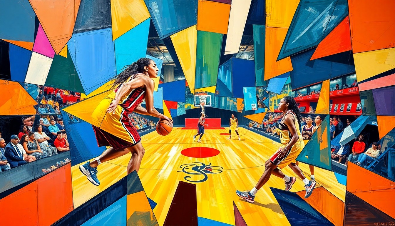 A fragmented, geometric painting in bold colors depicting the action and energy of a WNBA playoff game, with overlapping shapes and planes representing the competitive spirit of the matchup.