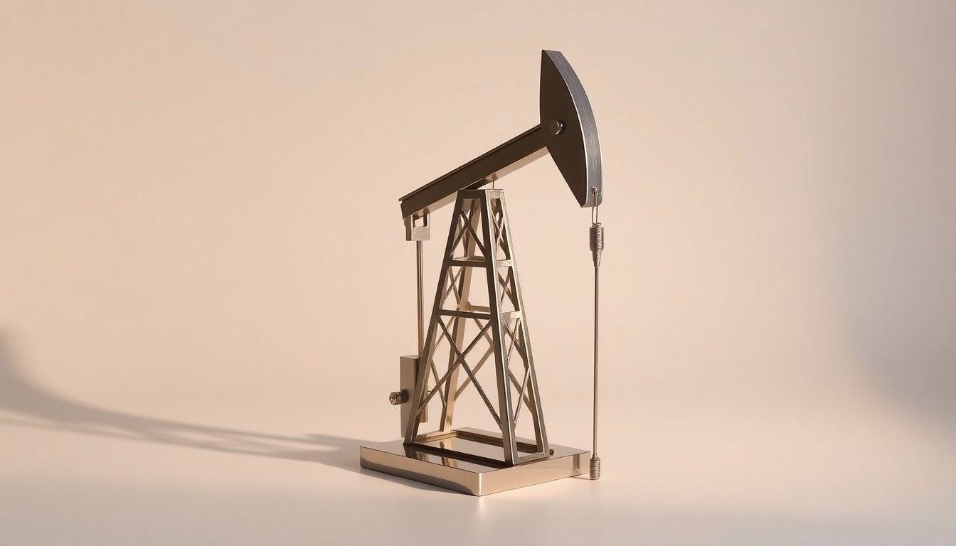 A photorealistic studio still-life image featuring a polished, geometric metal sculpture representing an oil derrick or drilling rig, placed on a clean, monochromatic background and dramatically lit to symbolize the financial and operational transformation of the energy industry.