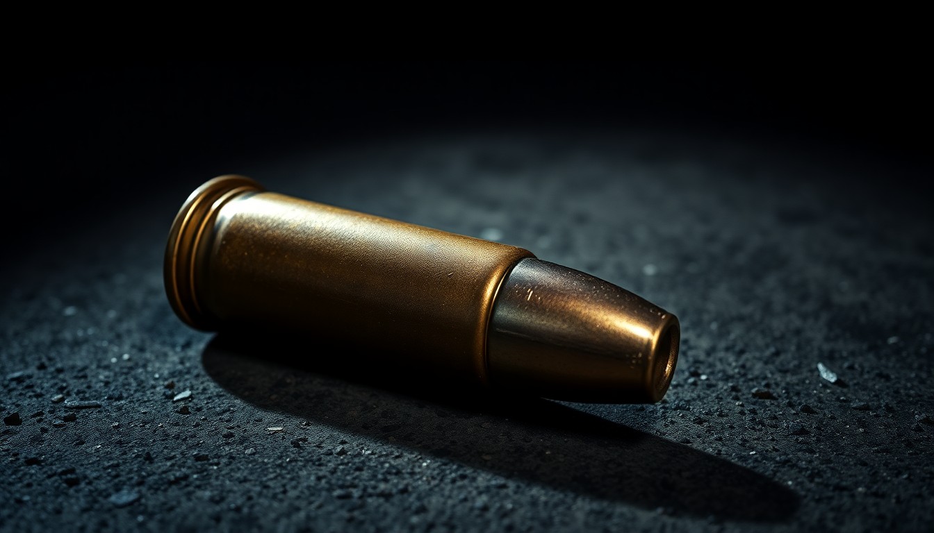 An extreme close-up photograph of a spent shell casing on a dark, gritty concrete surface, conceptually illustrating the aftermath of a shooting incident.