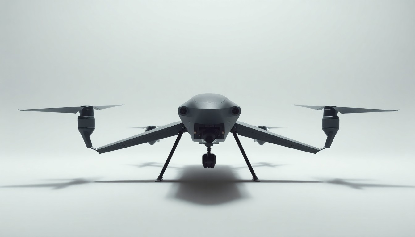 A highly detailed, photorealistic studio photograph of a metallic drone or other advanced defense technology component, floating against a clean, monochromatic background and dramatically lit to convey a sense of innovation, national security, and economic potential.