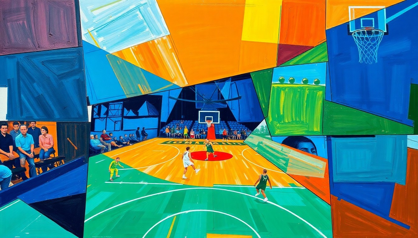 A fractured, multi-perspective painting in bold, geometric shapes and colors, capturing the dynamic movement and energy of a basketball game or match.