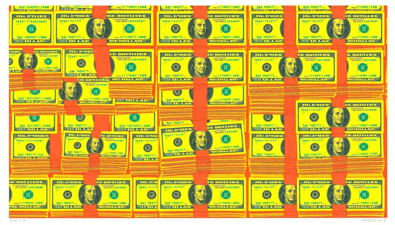 A vibrant, pop art-inspired illustration featuring a repeating grid of stylized dollar bill imagery, conceptually representing the financial impact of the tax exemptions.