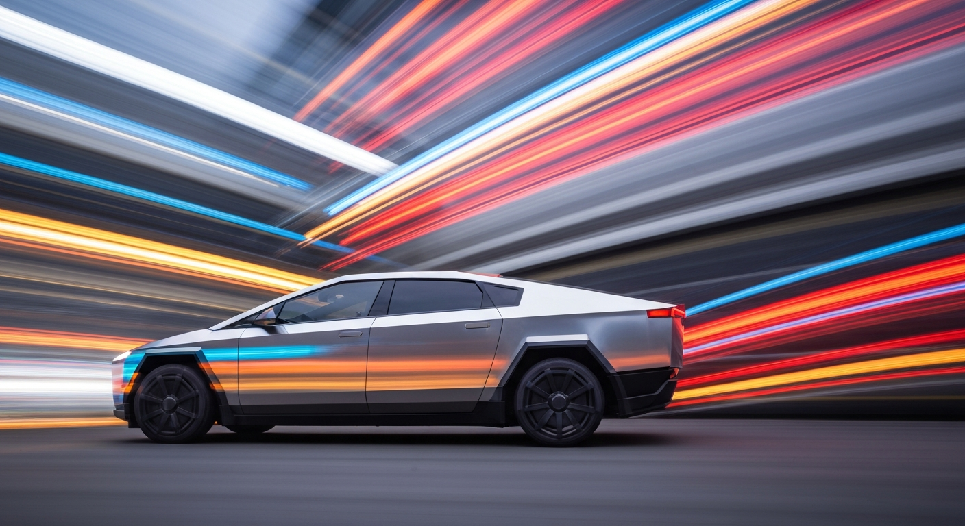 An abstract, blurred image of a Tesla Cybercab, with vibrant streaks of color representing the vehicle's speed and movement, conceptually illustrating the uncertainty surrounding Tesla's future direction.