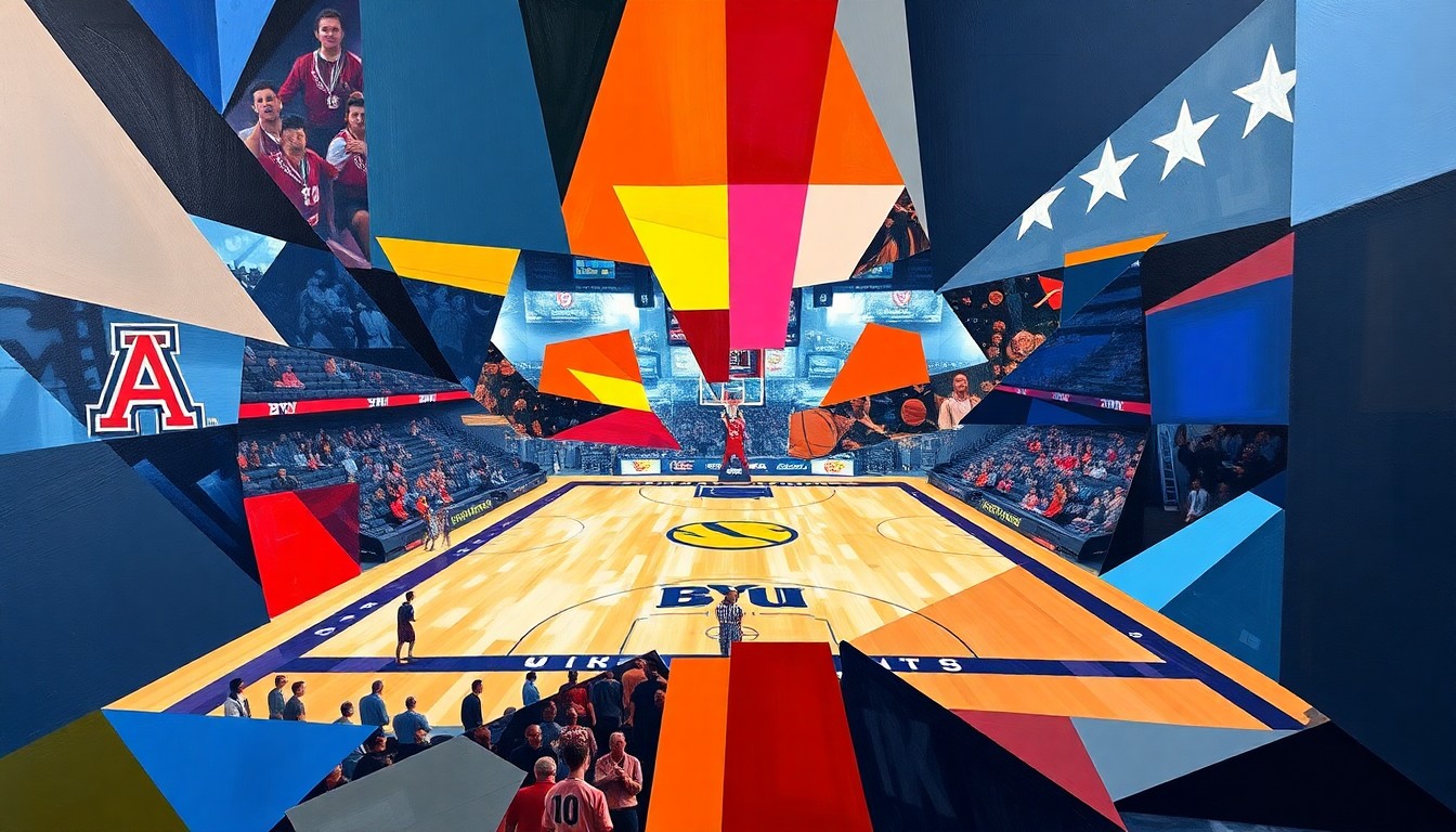 A cubist, geometric painting depicting a college basketball game, with overlapping shapes and planes in the team colors of Arizona and BYU, capturing the dynamic energy and strategic complexity of the matchup.