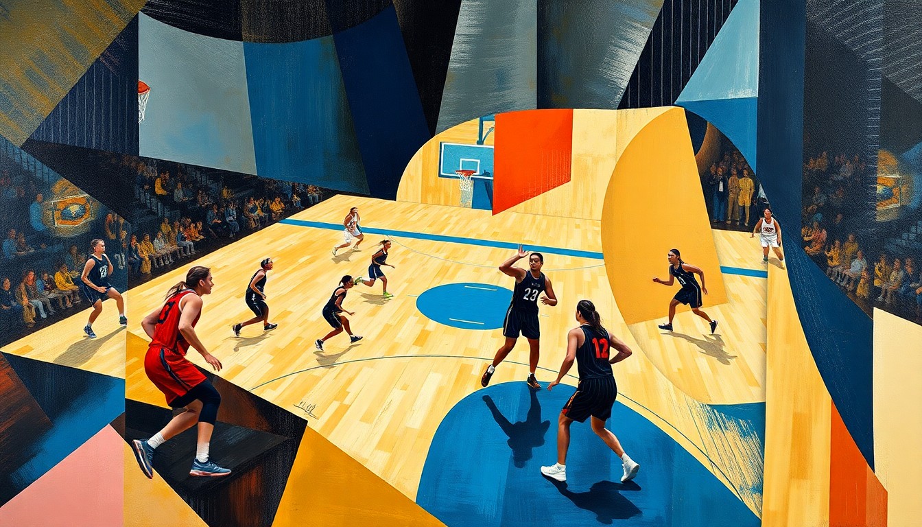 A fragmented, geometric painting depicting the dynamic movements and action of a women's basketball game, with players and the court deconstructed into sharp, overlapping planes of color and form.