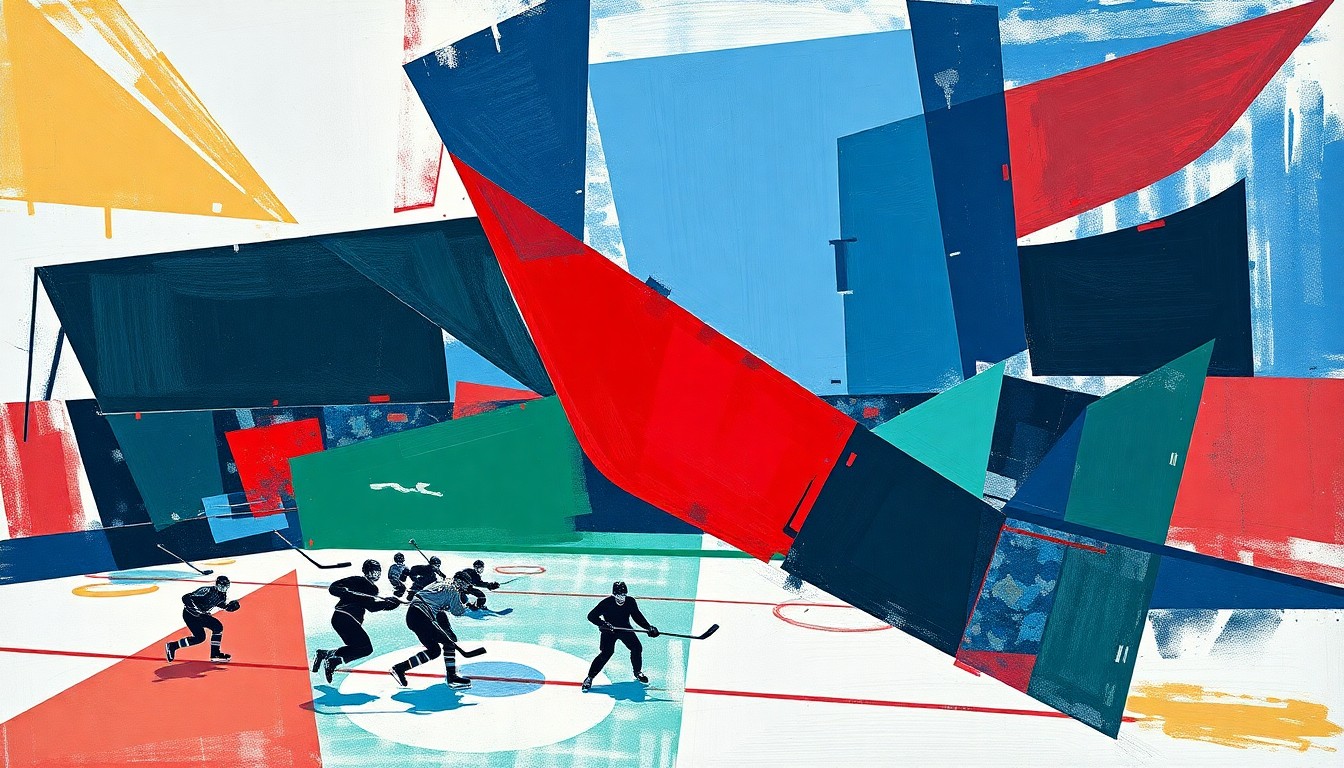 A fractured, cubist-style painting depicting the chaotic action of a hockey game, with players and the puck broken down into sharp, overlapping geometric shapes in deep blues, greens, and reds, conveying the intensity and strategic complexity of the sport.