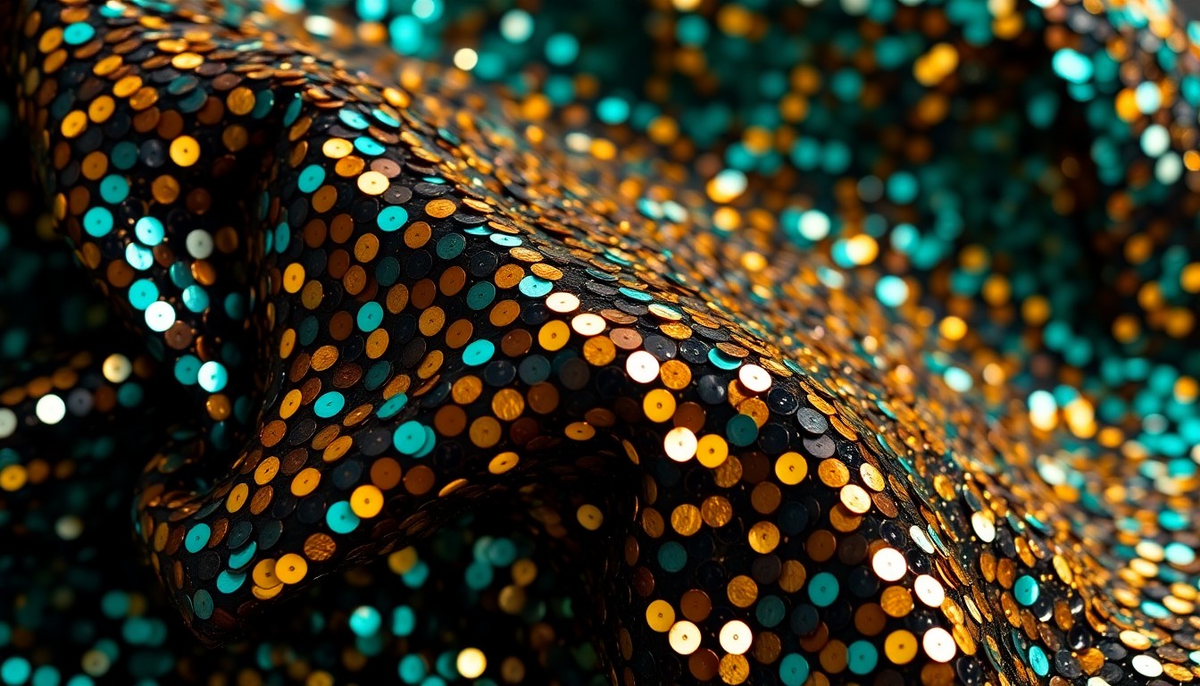 An extreme close-up photograph of a crumpled, glittering sequin fabric in shades of teal, gold, and black, conceptually representing the glamour and nostalgia of early 2000s reality TV fashion.