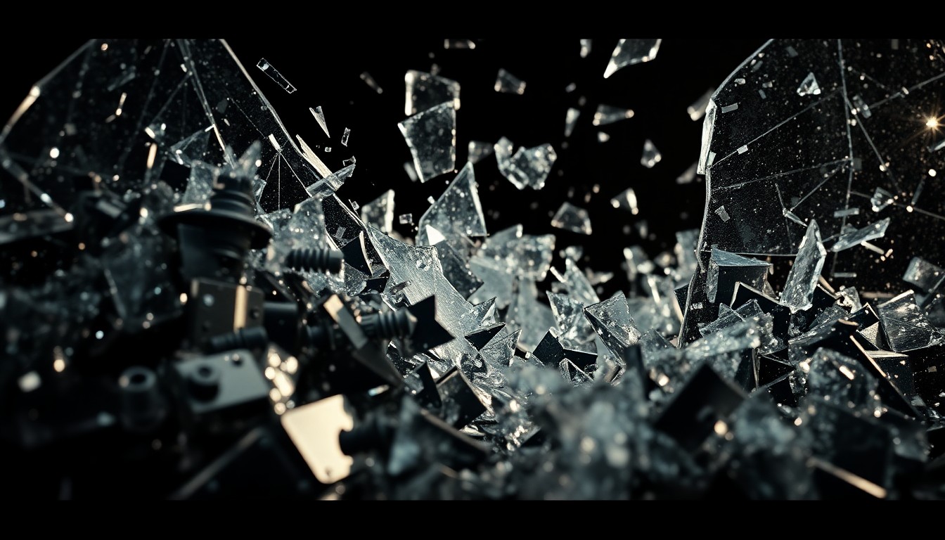 An extreme macro photograph of shattered glass and twisted metal fragments, conveying the intense and violent tone of the action-thriller film 'Outgunned'.