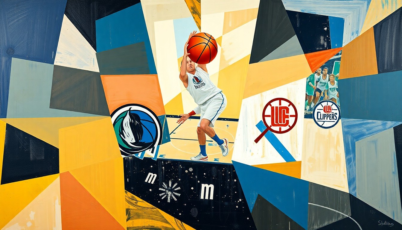 A fragmented, geometric painting depicting a basketball game, with sharp, overlapping planes of color and form representing the dynamic action on the court.