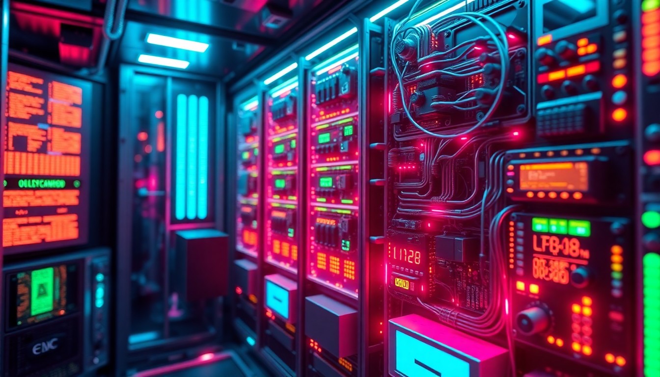 A highly detailed, glowing 3D illustration of a complex, futuristic AI control panel or server rack, with neon cyan and magenta lights illuminating the intricate hardware components, conceptually representing the high-stakes nature of AI technology in national security.