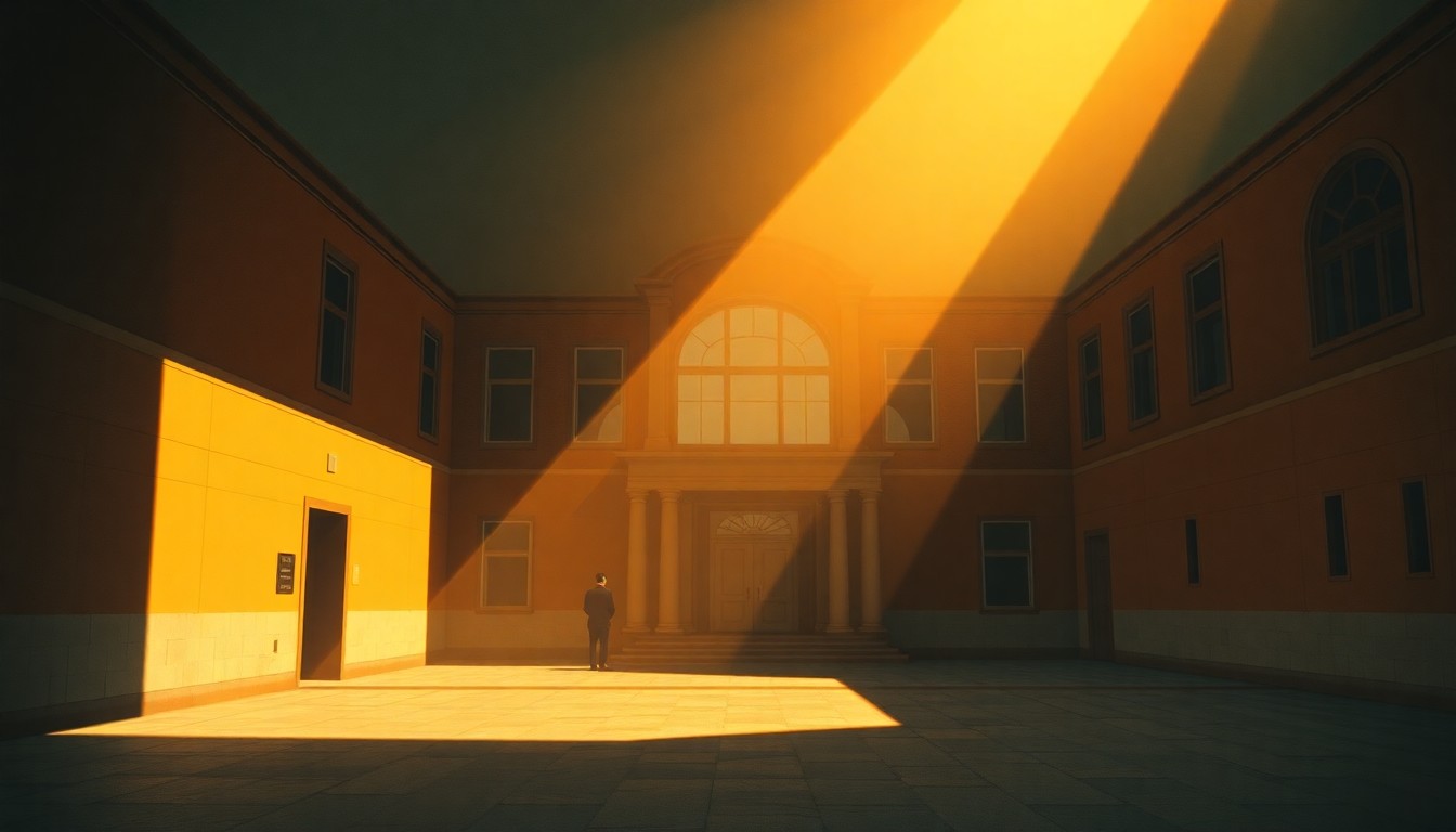 A serene, cinematic painting depicting a university administrative building or office space, with warm sunlight streaming through the windows and deep shadows cast across the facade, conveying a sense of contemplation and the weight of the upcoming election's impact on free expression.